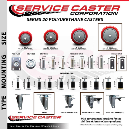 Service Caster 5'' Red Polyurethane Wheel Swivel 7/8'' Square Stem Caster with Brake SCC-SQ20S514-PPUB-RED-PLB-78